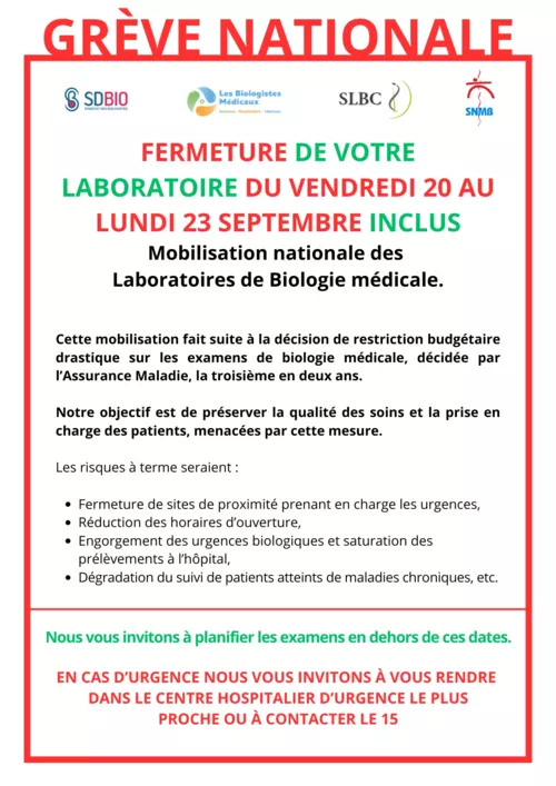 Grève nationale des laboratoires de biologie médicale